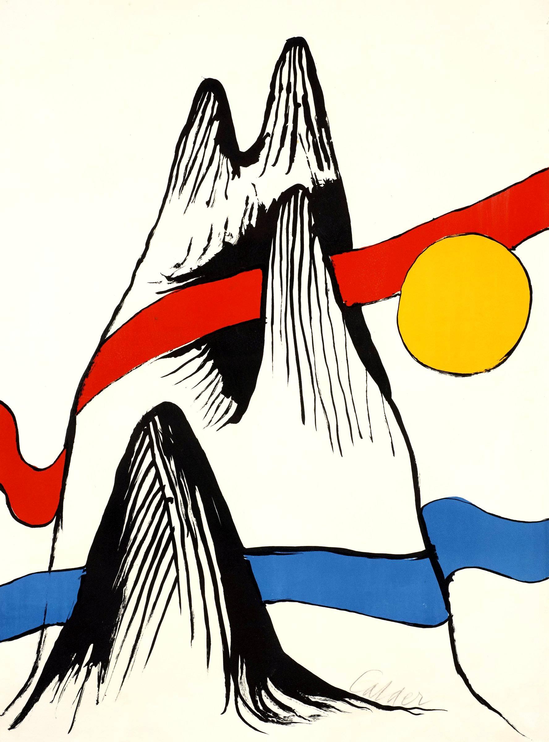 Alexander Calder - Mountain and Sun 
Handsigned Lithograph 
h: 74,20 w: 55 cm
Circa 1970 


Alexander Calder (1898 - 1976)

The American artist Alexander Calder was born in Philadelphia in 1898. He studies engineering from 1915 to 1919 at the