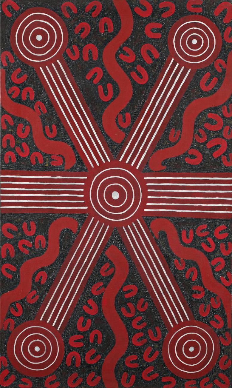 Abstract Painting Sandy Hunter Petyarre - Peinture d'art aborigène - Sac de chasse en sable Petyarre