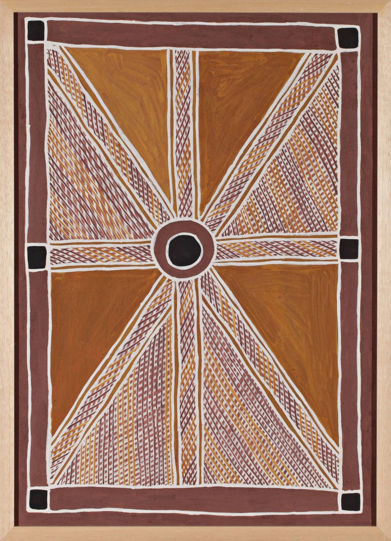 Natural pigments and acrylic adhesive paper
Aboriginal artists , those from the desert or those of Arnhem Land, can paint in a style that might be described as minimalist. Nevertheless, the work is full of different symbolic meanings. The artist