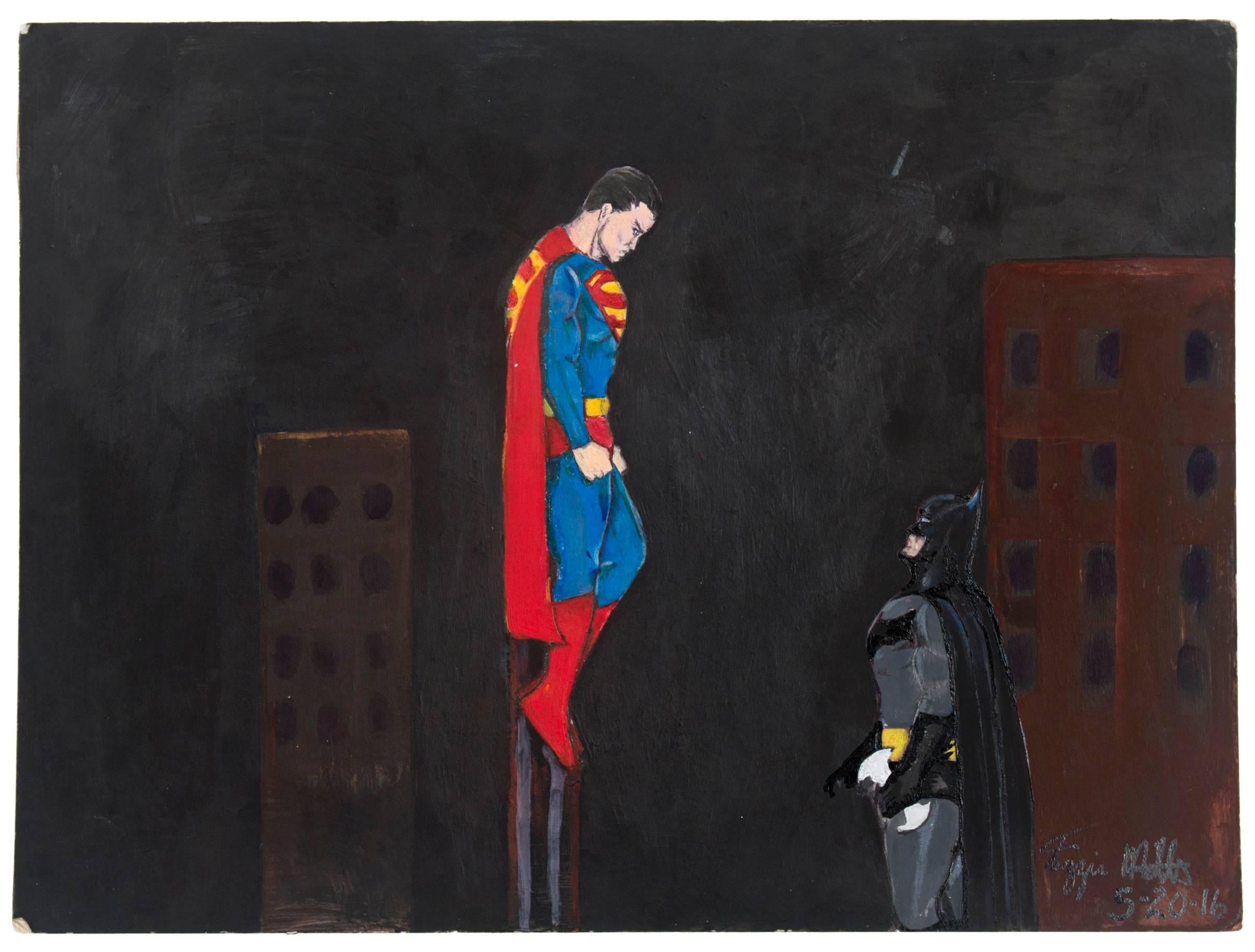 Tizzie Mills Figurative Painting - Untitled (Superman Looking Down on Batman)