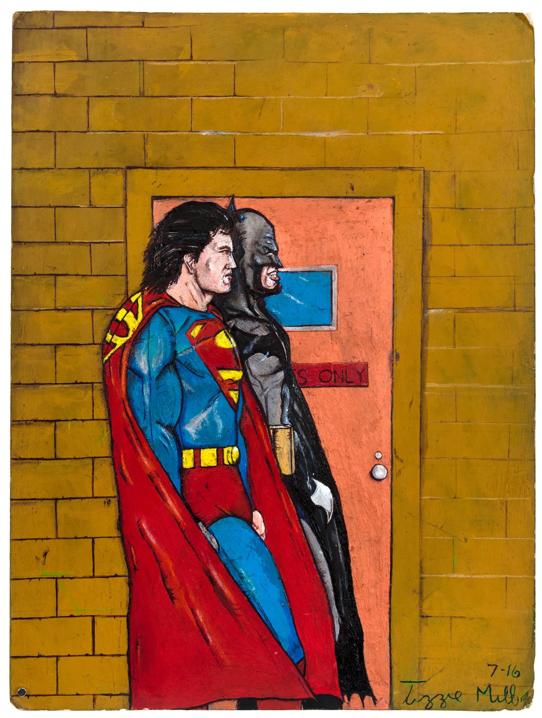 Tizzie Mills Figurative Painting - Untitled (Batman Superman Walking)