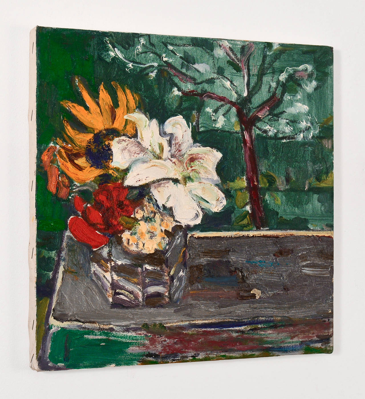 Untitled (Flowers on Purple Table with Tree) - Painting by Bernard Chaet