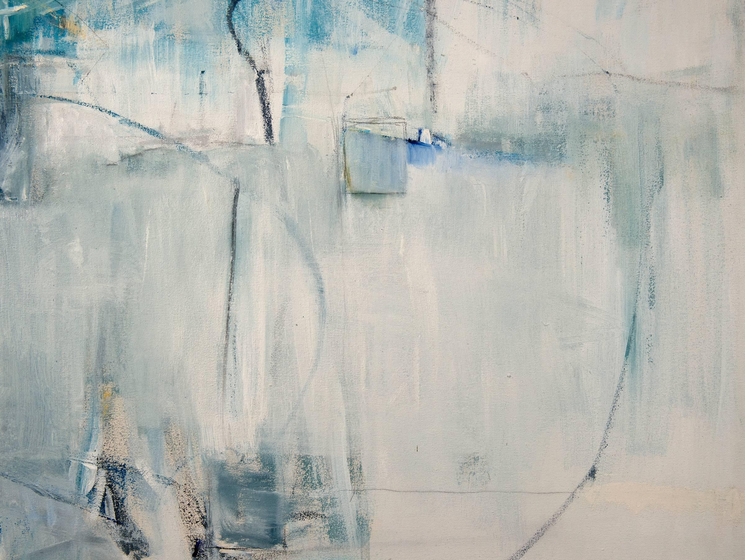 White Curtains at the Blue Motel - Contemporary Painting by Emilia Dubicki