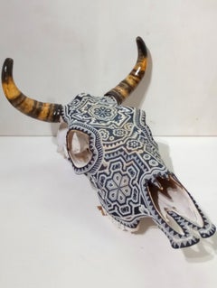 Huichol Bull Skull Sculpture, Contemporary Mixed Media, 2020+, New