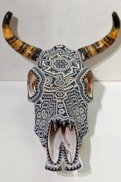 Huichol Bull Skull Sculpture, Contemporary Mixed Media, 2020+, New