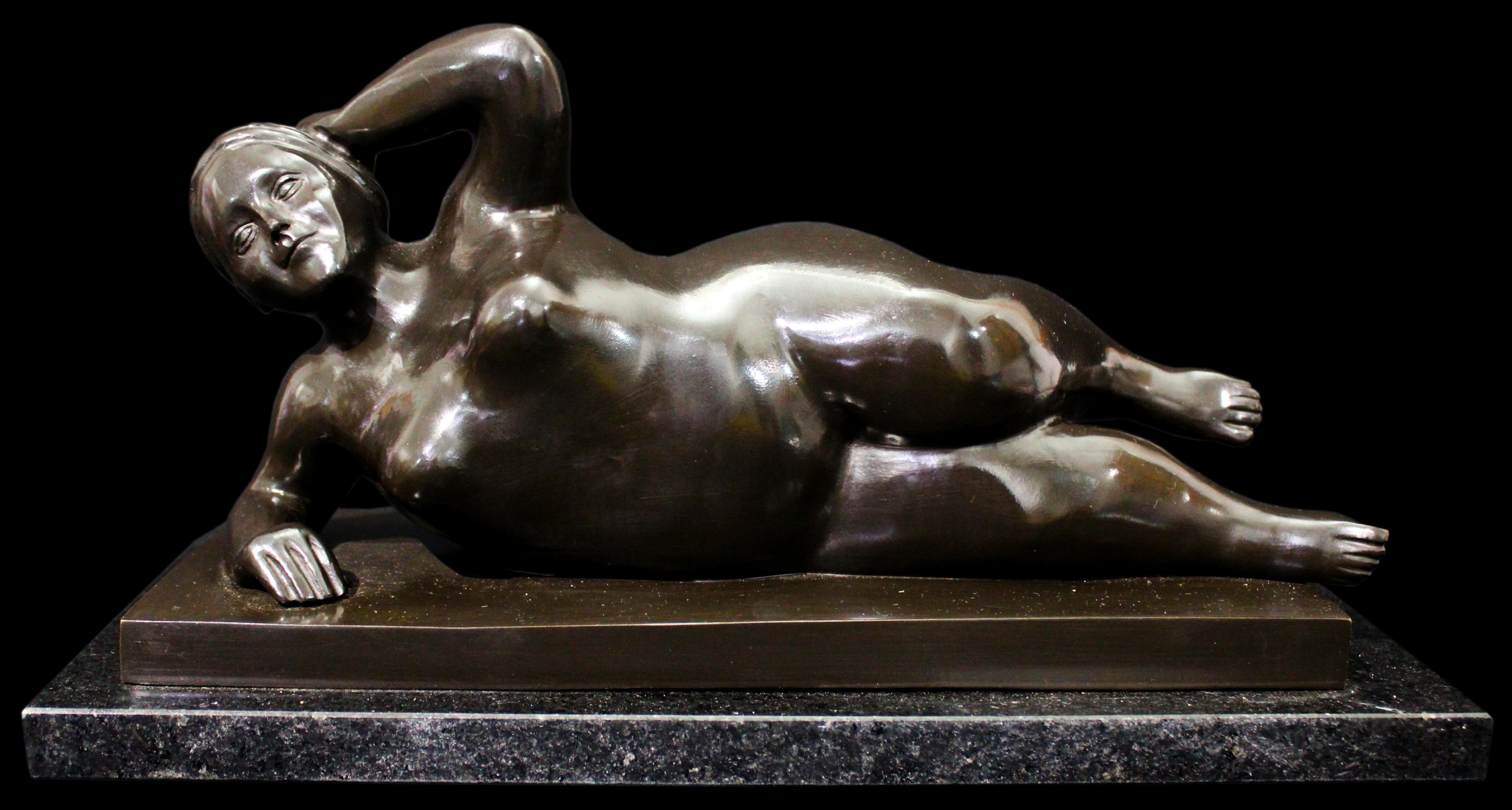 After Botero - Horizontal Nude Woman Bronze Sculpture