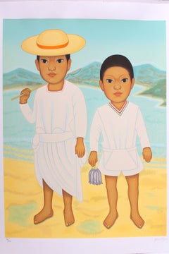 Gustavo Montoya "Pescadores" Portrait of Mexican Children with Fishes in Lake
