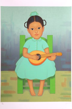 Gustavo Montoya "Niña con Mandolina" Portrait of a Mexican Girl Playing Mandolin