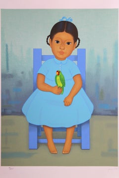 Gustavo Montoya "Niña con Perico" Portrait of a Mexican Girl with a Parrot