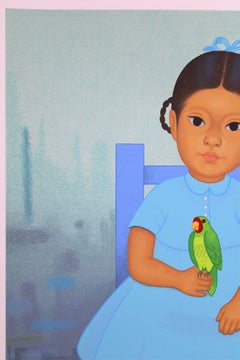 Gustavo Montoya "Niña con Perico" Portrait of a Mexican Girl with a Parrot