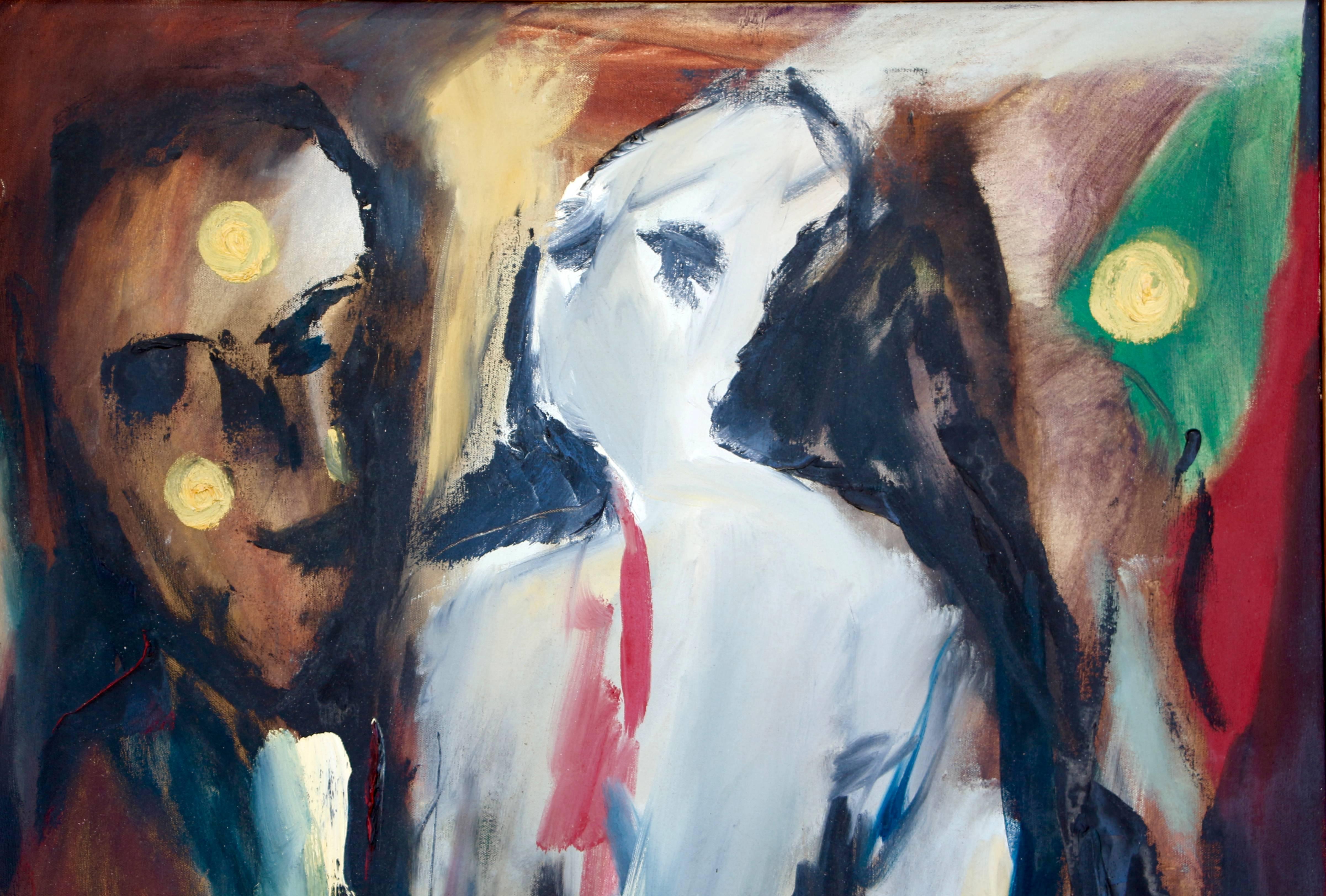 Deux personnages avec des fleurs - Expressionnisme abstrait Painting par Arnold Weber