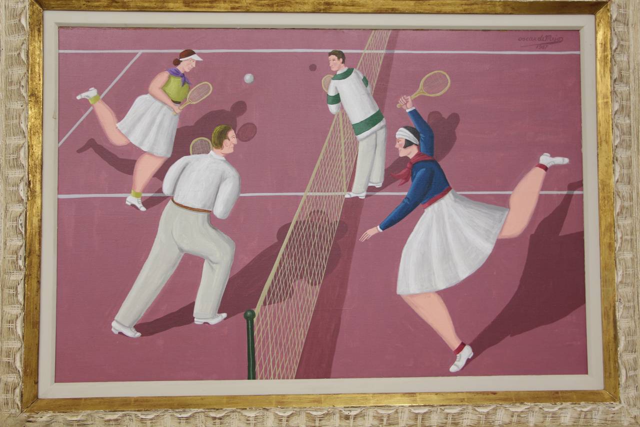 A wonderful whimsical painting by the noted artist and Illustrator Oscar De Mejo (1911-1992). This painting is exquisitely framed and is signed and dated lower right, It is large, the stretcher is 24x36 inches and the frame dimensions are given