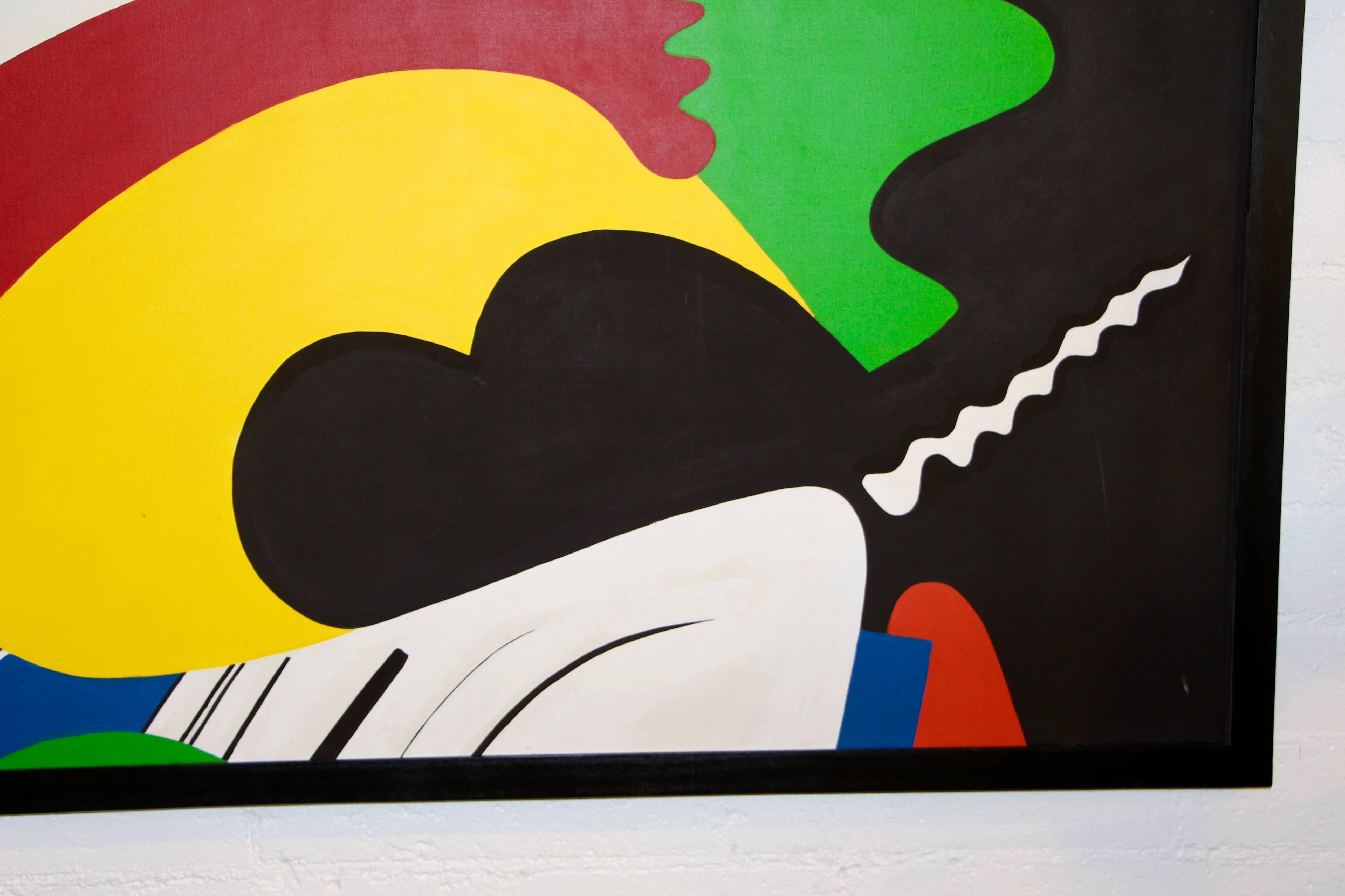 A vibrant abstract in a simple black frame on a nice stretcher. It is in the a little bit in the style of Miro or Calder. The painting is extremely well done and quite vivid. The frame has been retouched and has some some marks as well. This is an