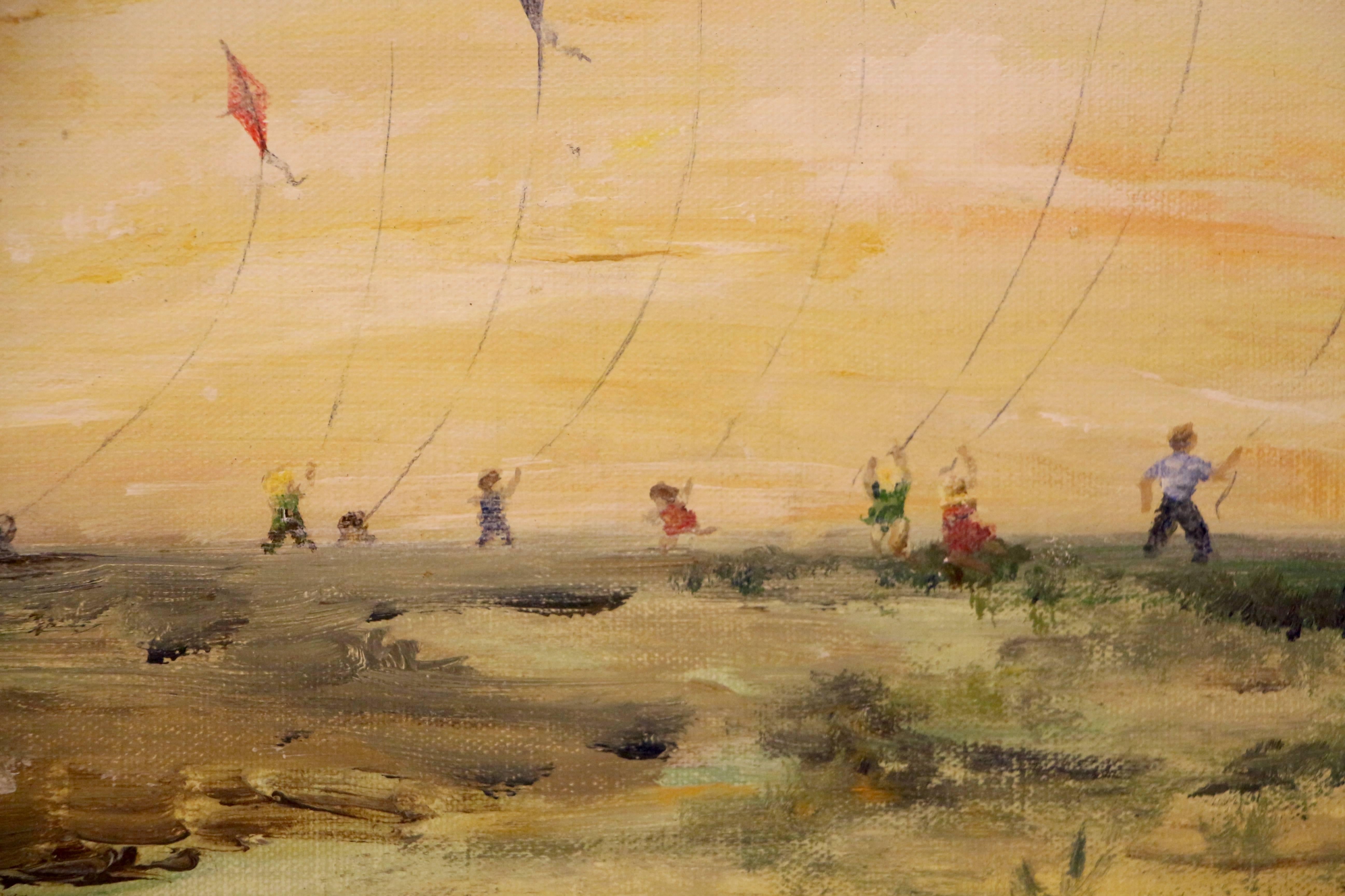 A nice whimsical oil on board of children flying kites. Newly framed.