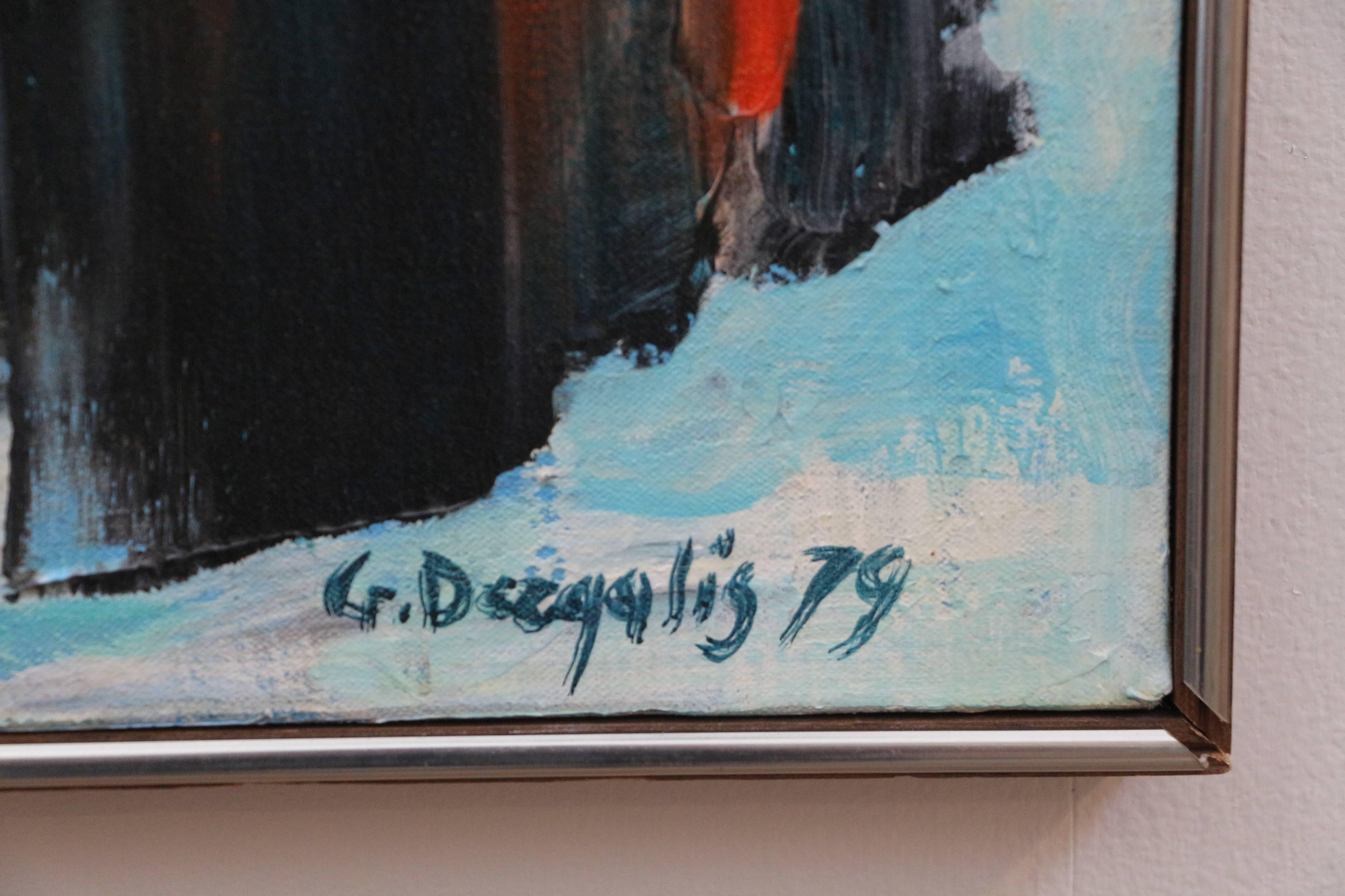 La nostra galleria è orgogliosa di rappresentare il patrimonio del defunto George Dergalis per conto della sua vedova. Questo colorato e vibrante astratto è firmato e datato 1979.  Incorniciato dall'artista in una cornice d'epoca,  questo lavoro è