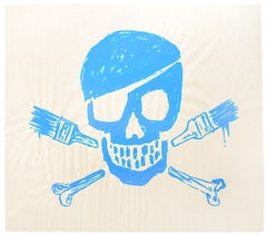 Serigrafía de Banksky: «Calavera y pinceles», azul, arte urbano, 2010