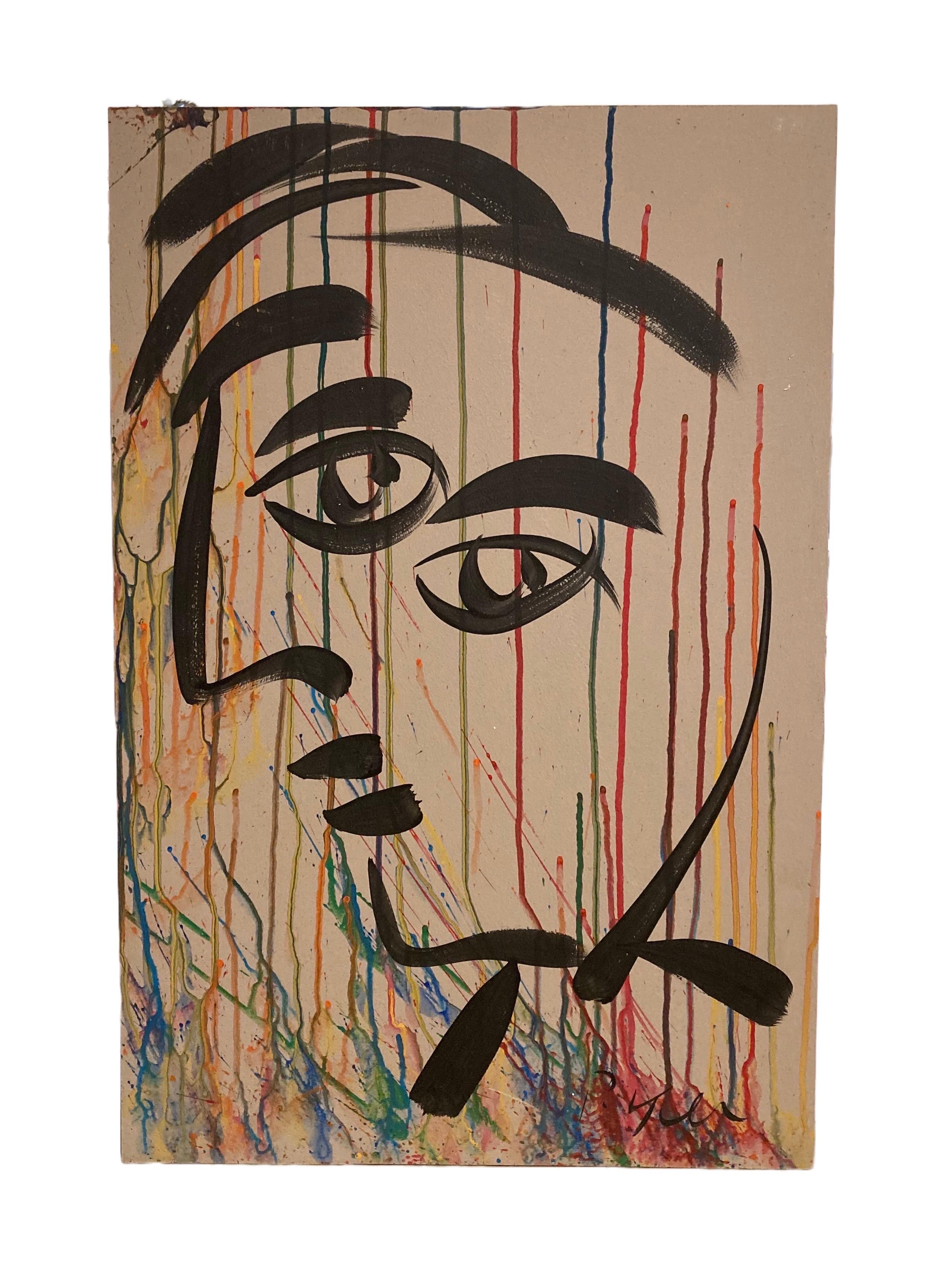 Cette peinture abstraite moderne de Peter Keil repose sur un carton masonite lisse sur un fond taupe, un portrait abstrait noir et recouvert de nombreuses couleurs. Ici, vous verrez certainement l'inspiration de Picasso pour laquelle Keil est