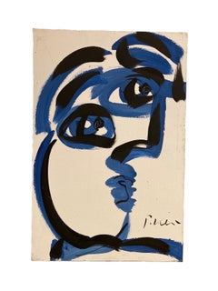 Black White & Blue Abstract Portrait Painting on Board by Peter Keil