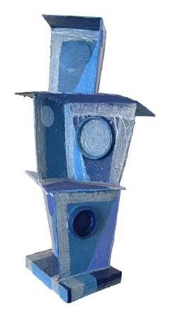 'Blue Tone Tower': Modernist Vibrant Blues Cubist Sculpture by Bill Low