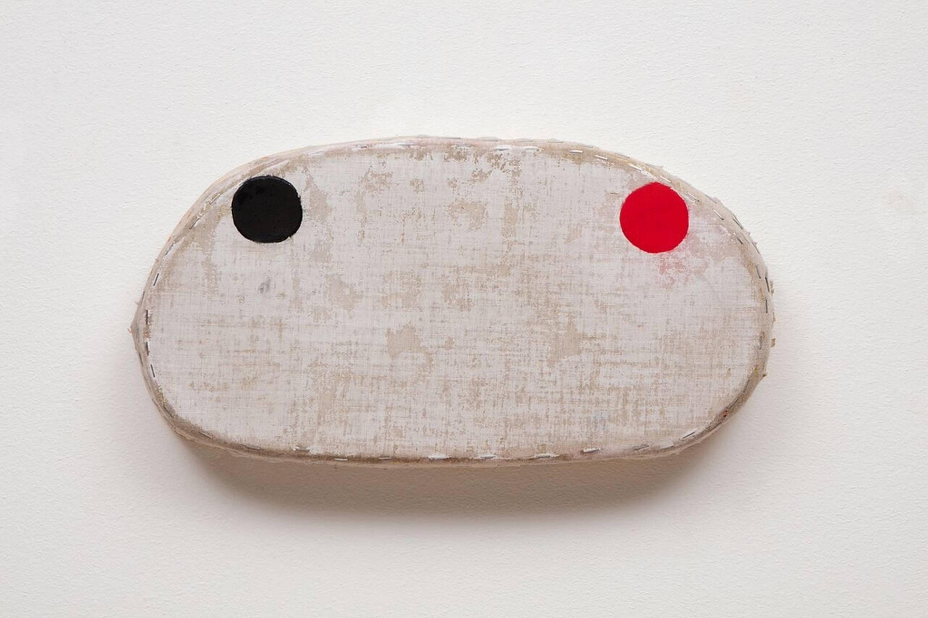 Black and Red Circles on White Shape - Painting by Otis Jones