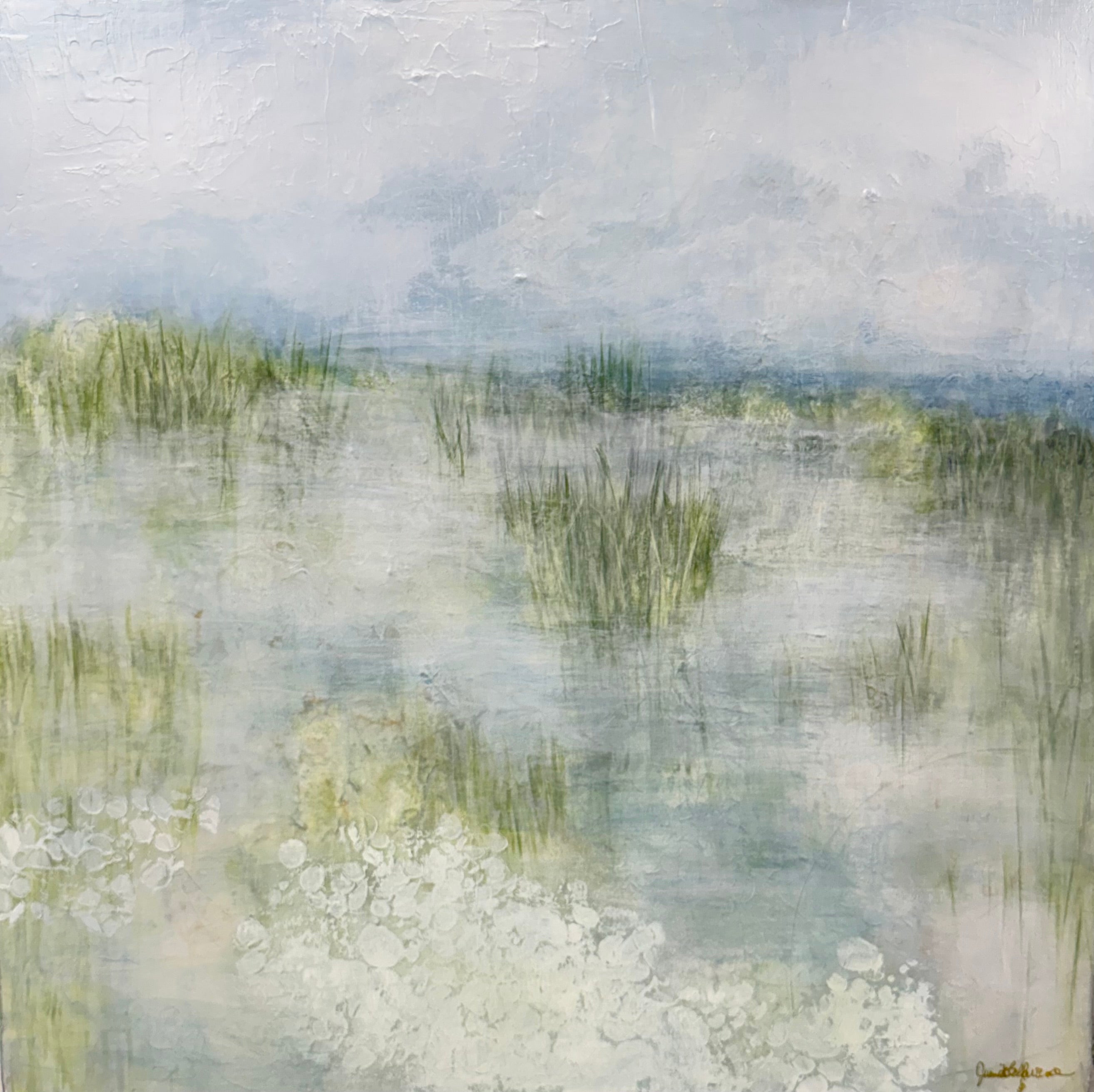 Morning Marsh, Original acrylic abstract painting, green, blue, white