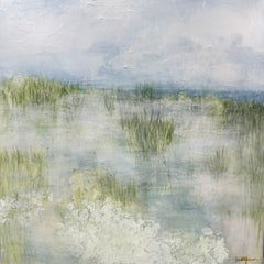 Morning Marsh, Original acrylic abstract painting, green, blue, white