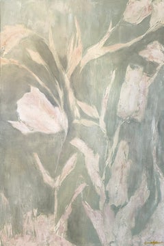 “Held by Nature’s Embrace”, opera originale astratta botanica in tonalità neutre, 36” x 24”