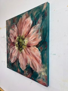 « Croissance discrète » - Grande peinture représentant une fleur aux couleurs vives