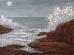 When The Night Takes A Deep Breath - Pastel Night Ocean Landscape with Moon