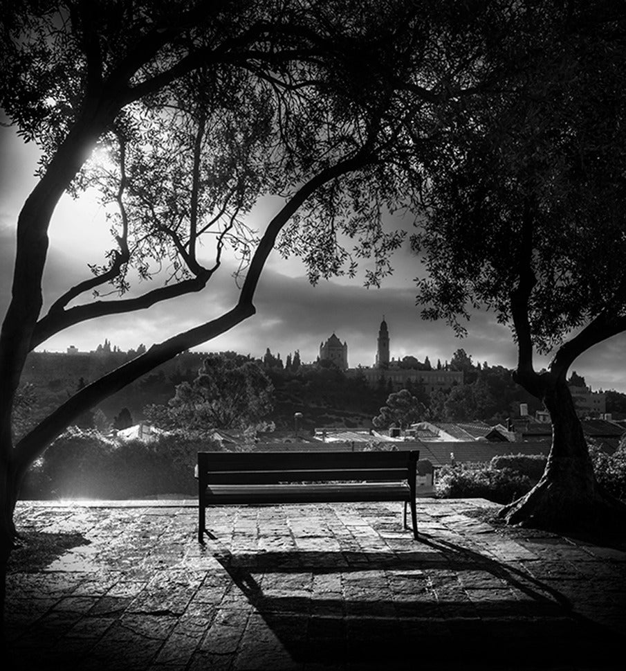 Jean-Michel Berts Black and White Photograph - Park Bench in the Yemin Moshe Quarter