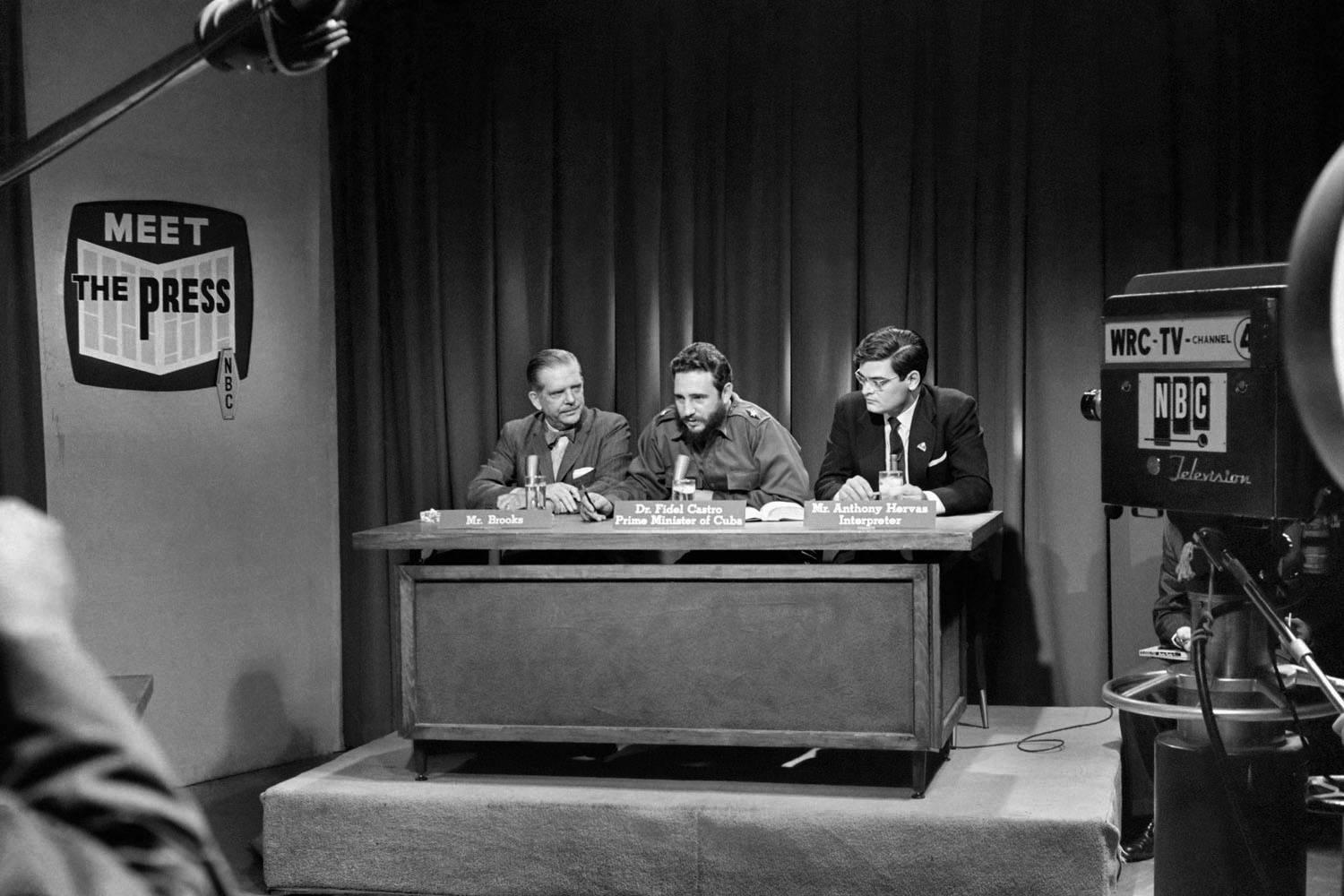 Alberto Korda Black and White Photograph - Fidel Castro  answering questions from journalists on Meet the Press, Washington