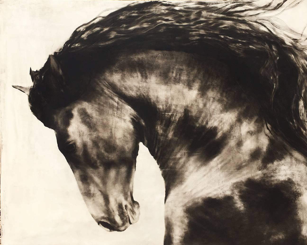Ken Peloke Animal Painting - "Born King" Large scale Black and White Majestic Depiction of Horse Running