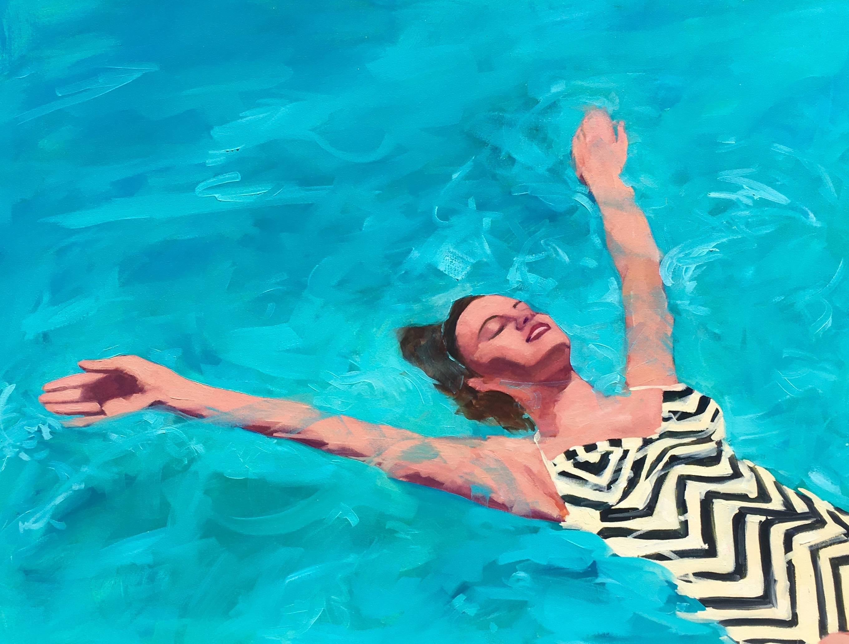 T.S. Harris Figurative Painting - "Watery Delight" oil painting of woman in chevron floating in Turquoise Pool