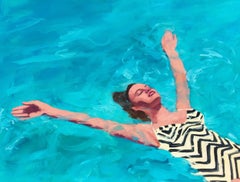 "Watery Delight" oil painting of woman in chevron floating in Turquoise Pool