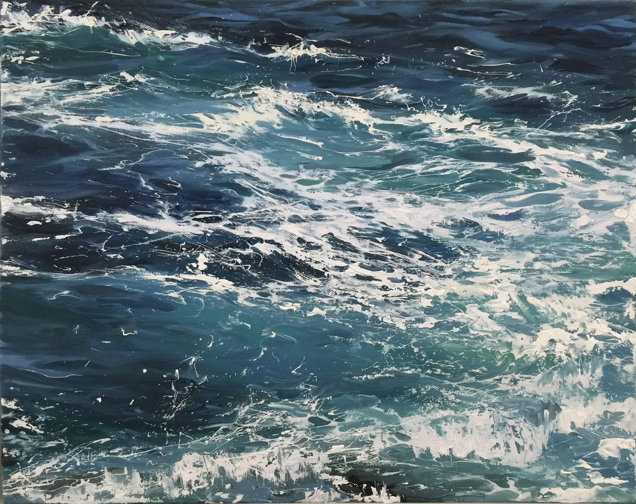 Annie Wildey Landscape Painting - "Waters Blue II" oil painting of dark blue ocean waves