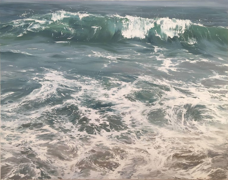 "Wave on Shore" photorealistic oil painting of blue/green waves in the ocean 1