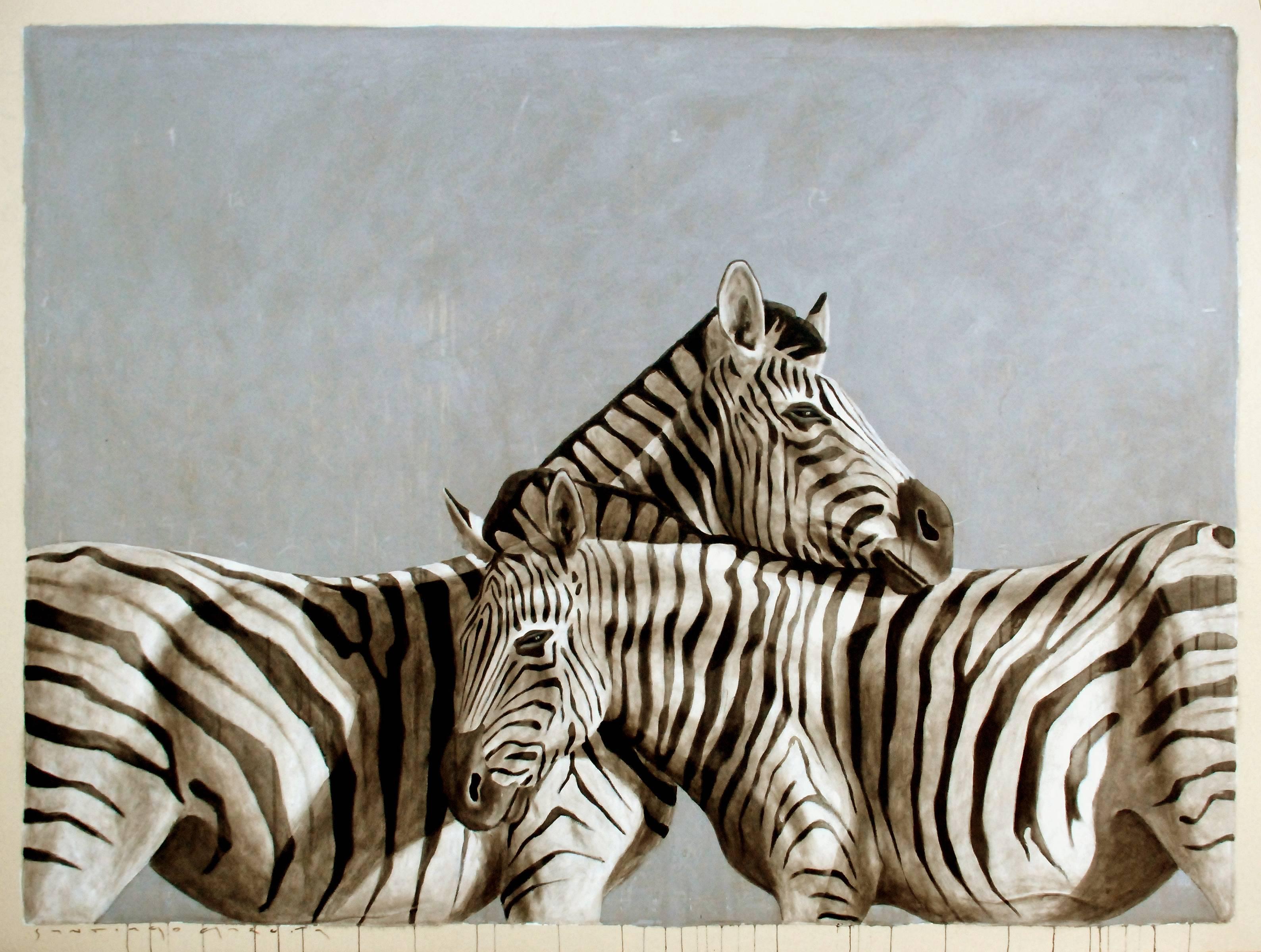 Santiago Garcia Animal Painting – "Andante #46" Black White and Gray Large Scale Painting of Two Zebras Embracing