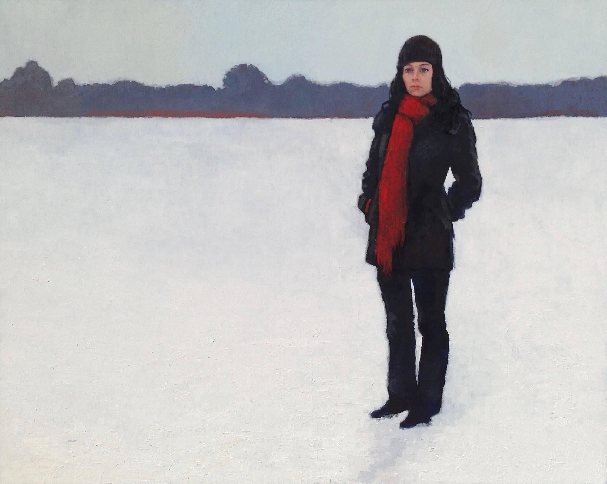 Adrian Waggoner Figurative Painting - "Promises Promises" oil painting of a dark haired woman in a field of white snow