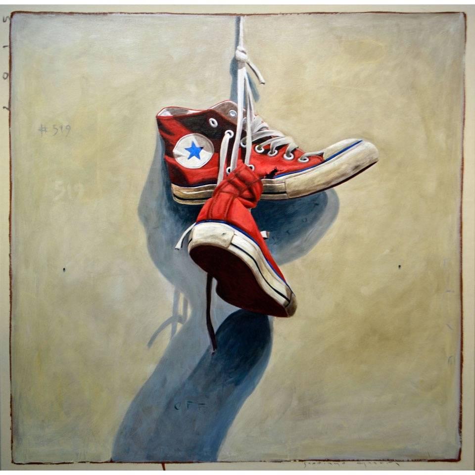 Santiago Garcia Still-Life Painting - "#519" Vintage red Chuck Taylors on Light Neutral Background