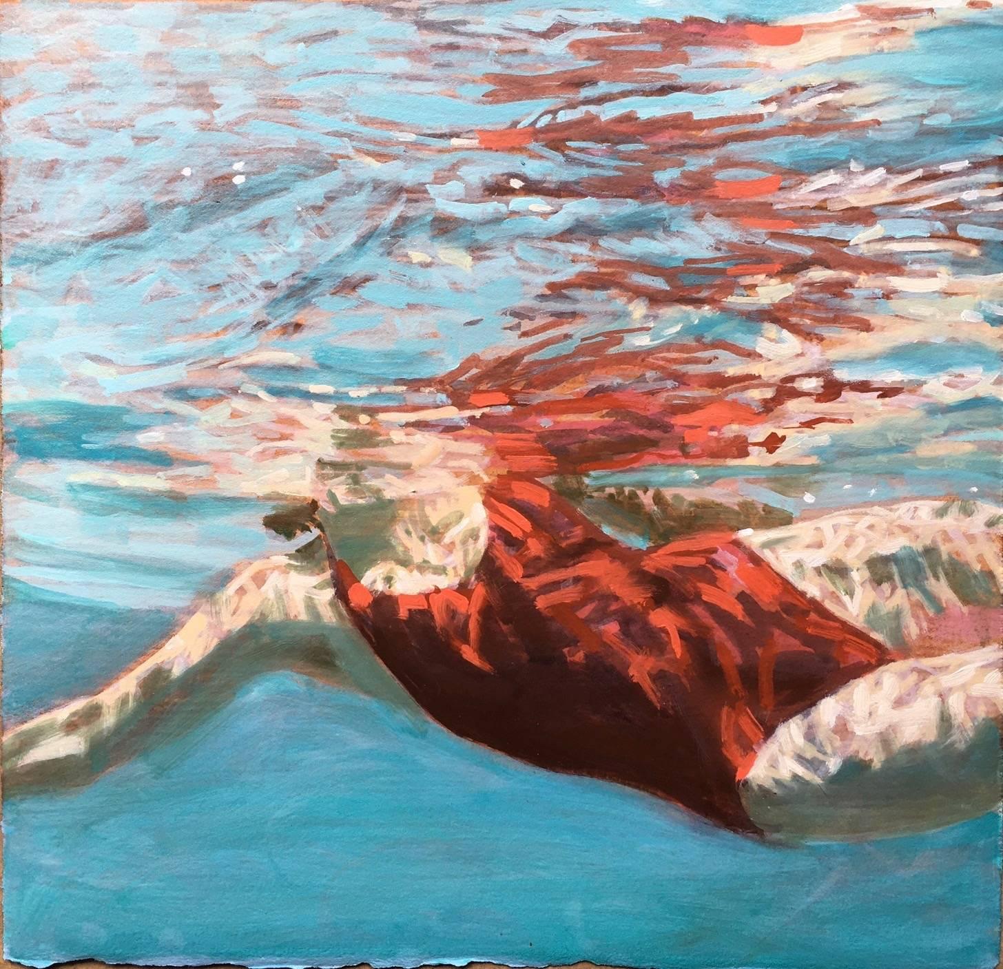 Carol Bennett Figurative Painting - "Jewel (paper)" painting of a woman in a red swimsuit in a blue pool 