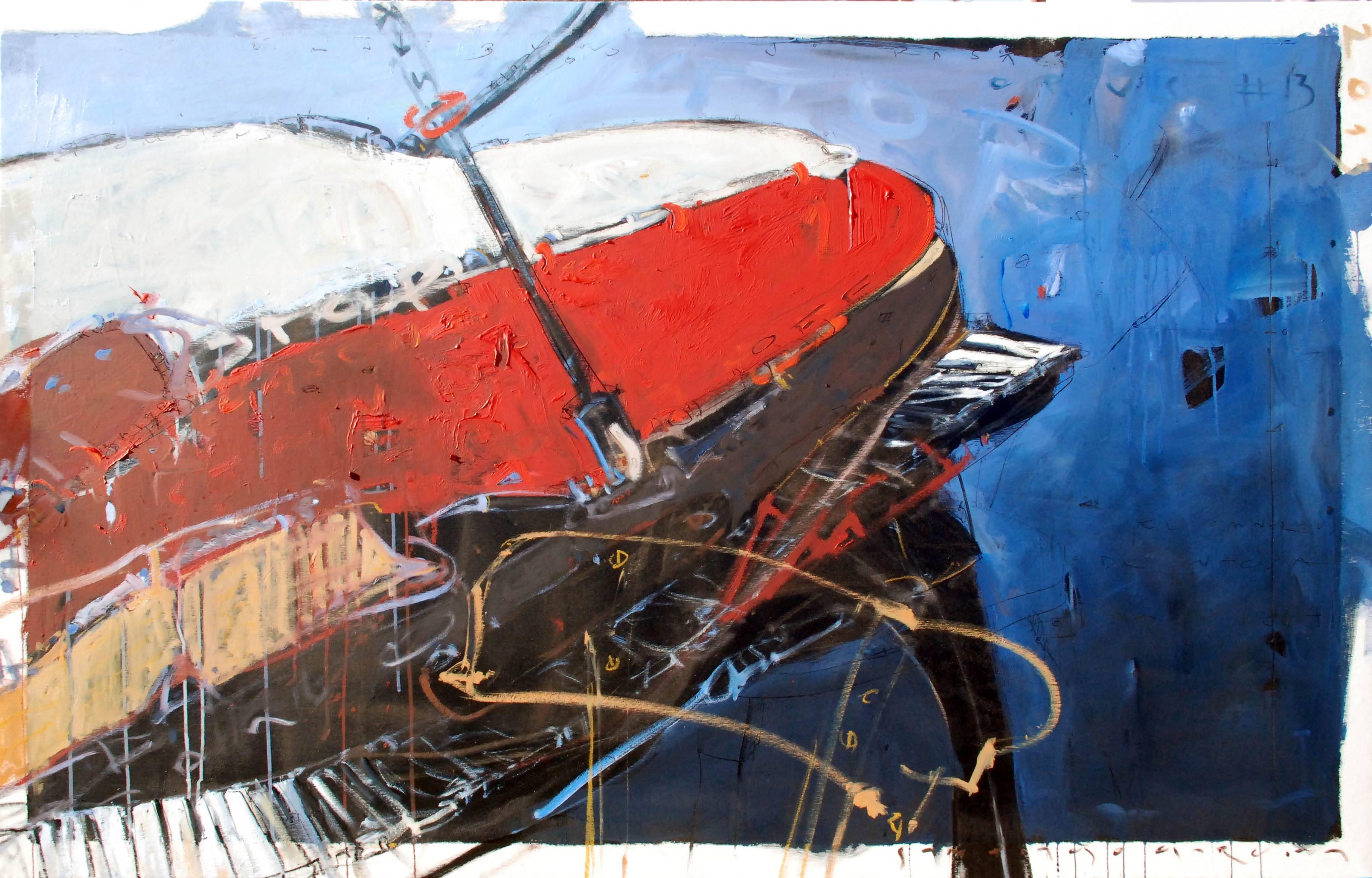 Santiago Garcia Abstract Painting – "Omnibus" abstract oil painting of grand piano in red, white, blue and black