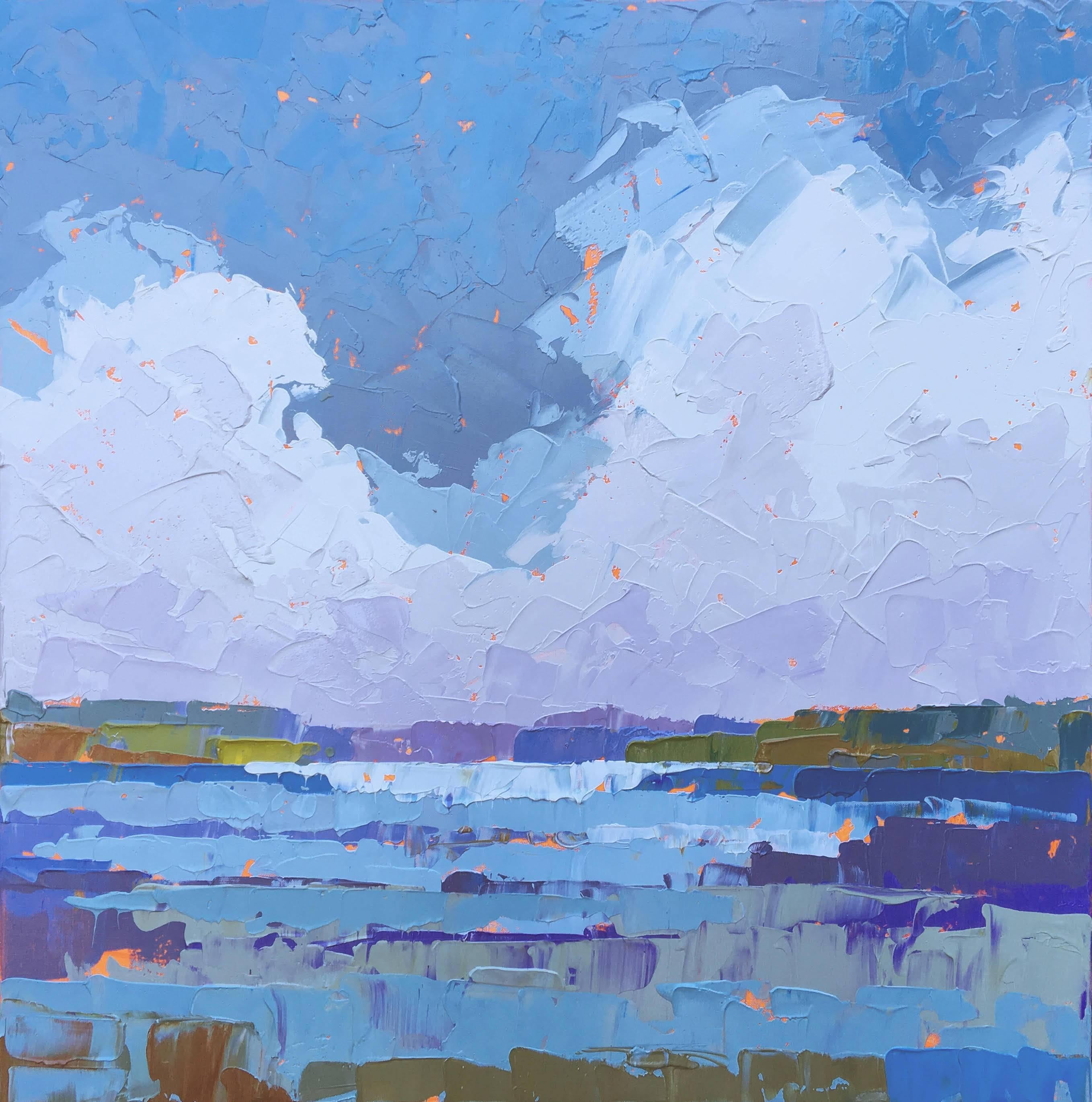 Paul Norwood Landscape Painting - "Climbing Clouds" Painterly Impasto Stormy Seascape in Blues Purples, Cool Hues