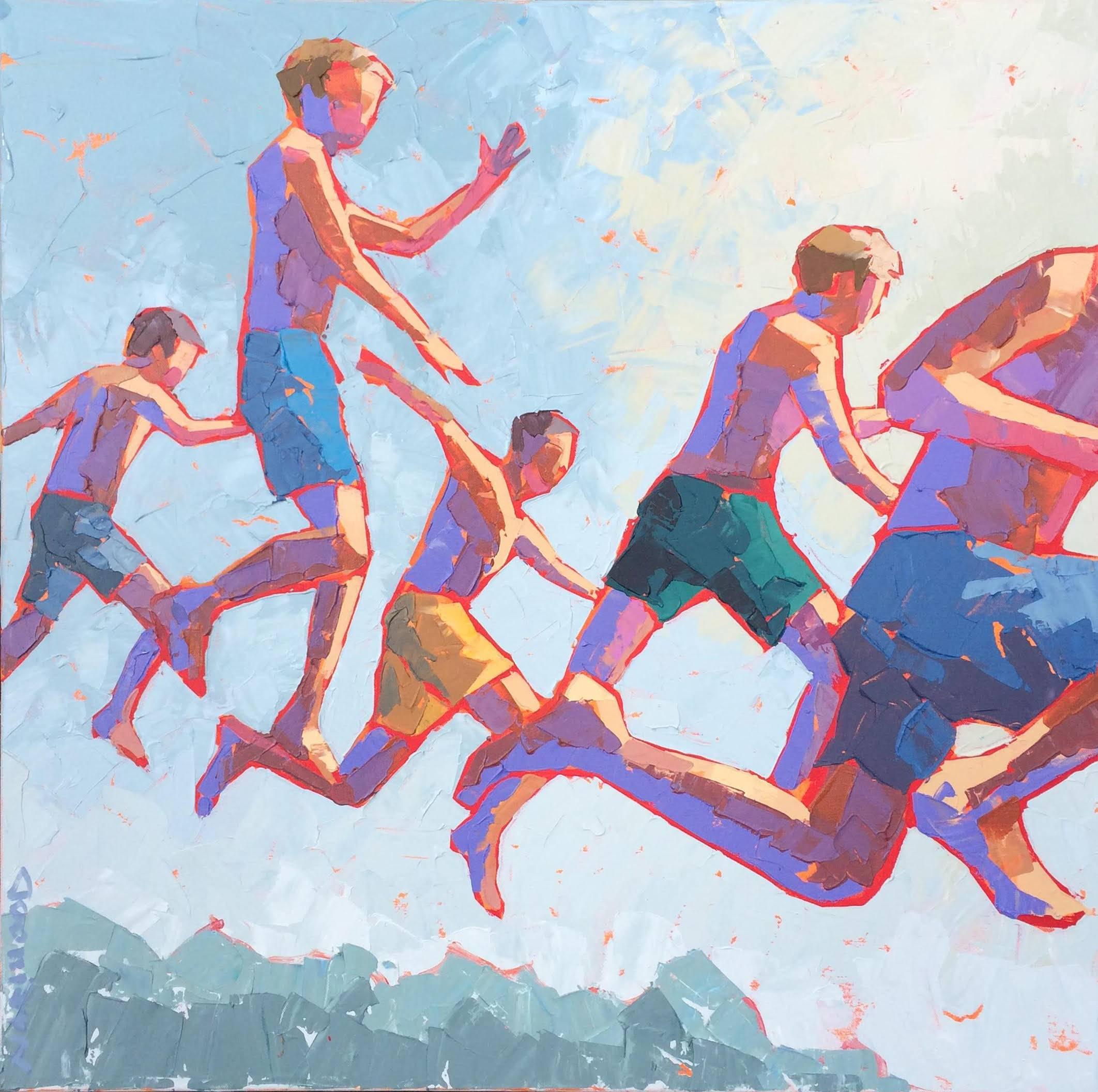 Paul Norwood Figurative Painting - "Mid Air" Boys in Breen Blue and Yellow Bathing Suits Jumping into Water