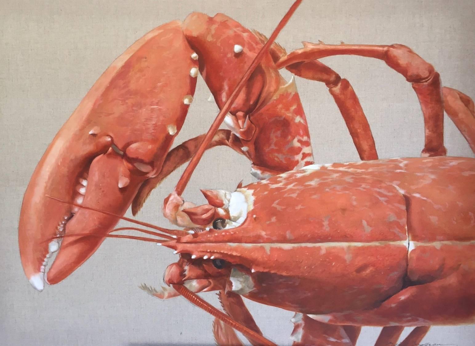 Michel Brosseau Animal Painting - "Crusher" Red Lobster Head and Claw Painted on Exposed Linen
