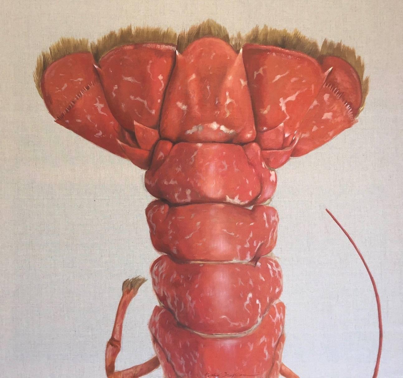 Michel Brosseau Animal Painting – "La Queue" Red Lobster Tail Painted on Exposed Linen