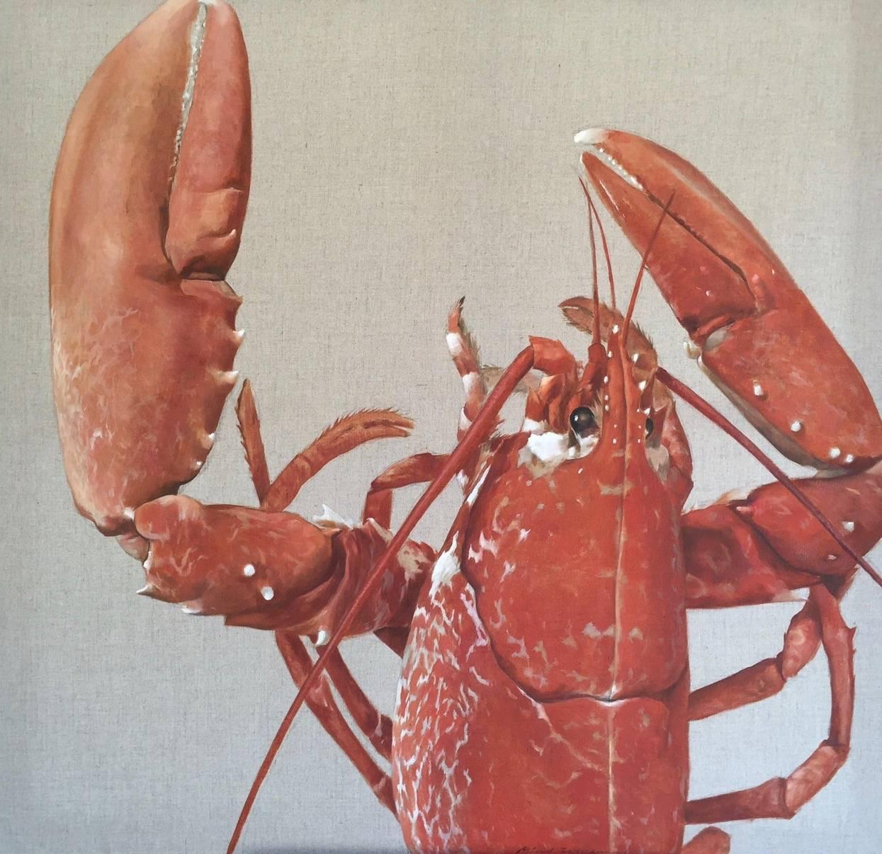 Michel Brosseau Animal Painting - "Keeper" photorealistic oil painting of red lobster on exposed linen