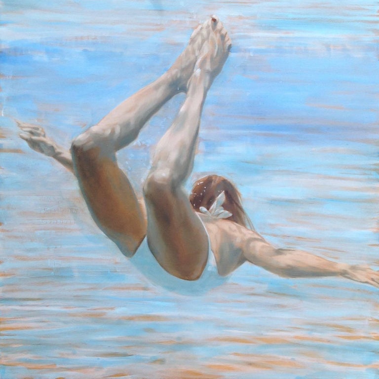 "Free (Blonde)" Oil painting of a woman in white swimsuit in a blue pool 1