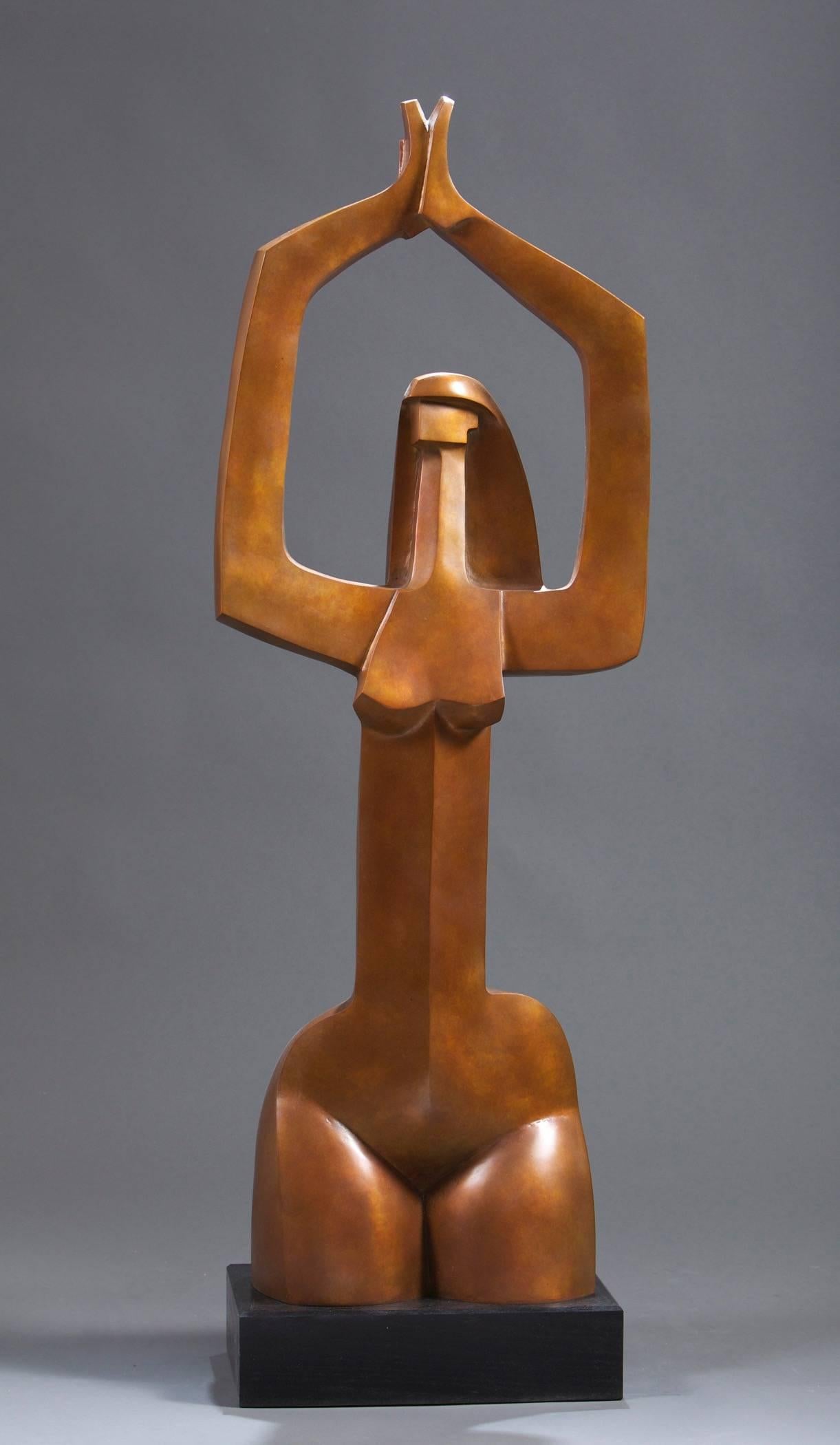 Wayne Salge Figurative Sculpture - "Isabella 3/12" contemporary bronze sculpture of woman kneeling in salute pose