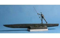 "Marcos 10/12" modern bronze sculpture of man paddling a long boat, teal patina