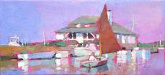 "Setting Sail, Edgartown" Catboat with Maroon Sail, Yacht Club, Purple and Pink